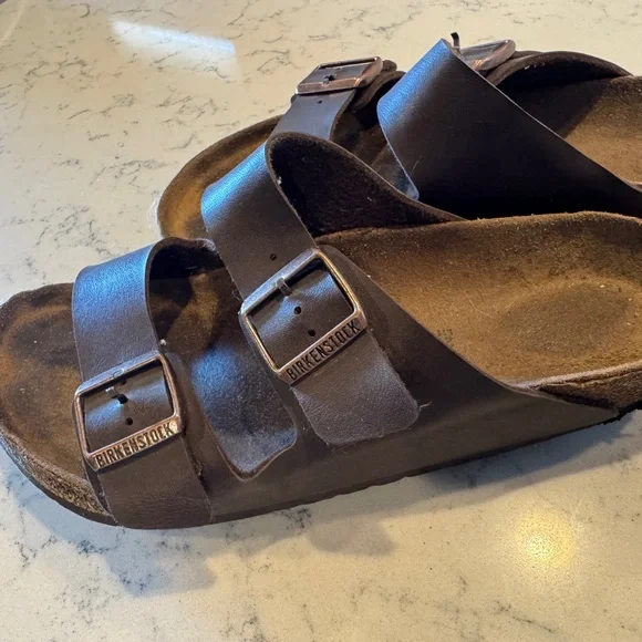 Birkenstock Arizona Brown Dual-Buckle Leather Slide Sandals - Picture 2 of 7